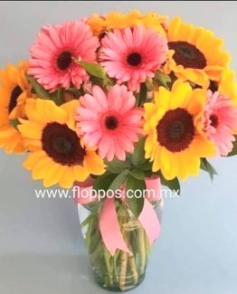 10 GIRASOLES Y 6 GERBERAS JARRÓN