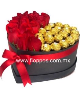 CAJA CON 16 ROSAS Y CHOCOLATES