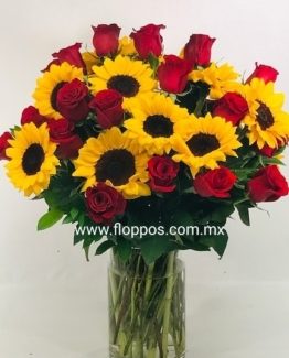 JARRÓN 24 ROSAS Y GIRASOLES